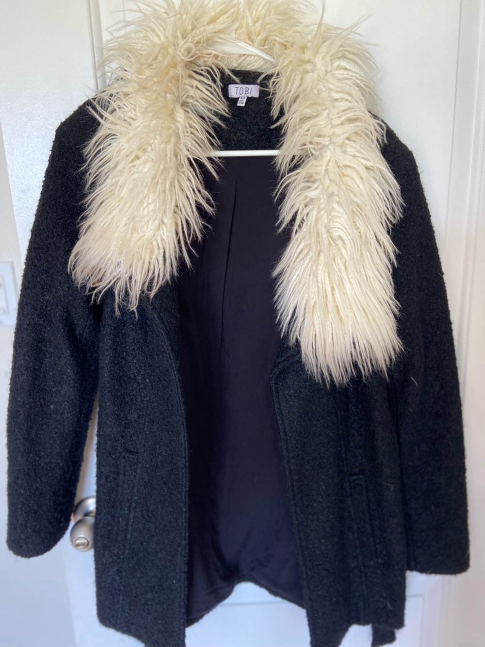 Tobi Black Bouclé Coat with Cream Faux Fur Collar